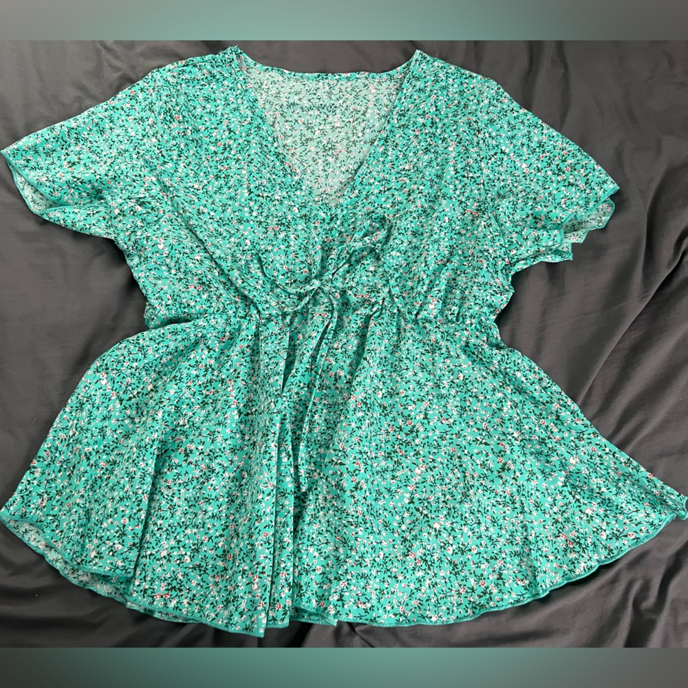 SHEIN Teal Floral Top with Bow Detail-XL!